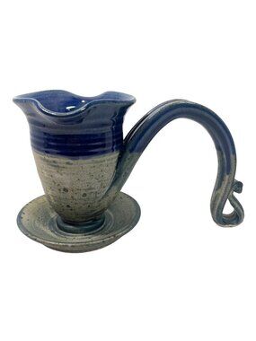 Handcrafted Ceramic Unique Pitcher or Gravy Boat Blue & Gray Glaze with Scroll H